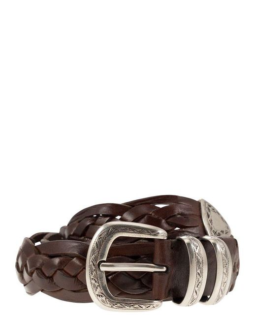Brunello Cucinelli Brown Braided Calfskin Belt With Detailed Buckle And Tip for men