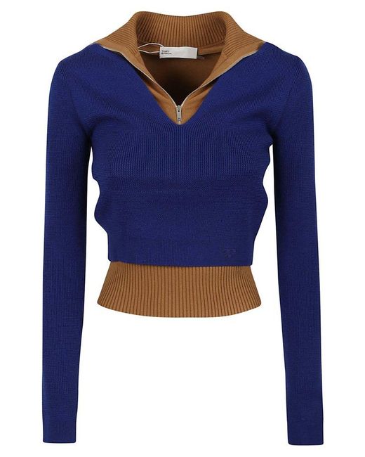 Tory Burch Blue Double Layered Zip Pullover