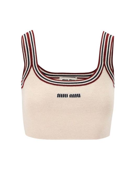 Miu Miu Natural Stripe-detailed Cropped Knitted Top