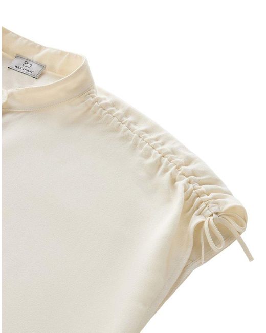 Woolrich White Ruched Straight Hem Sleeveless Shirt