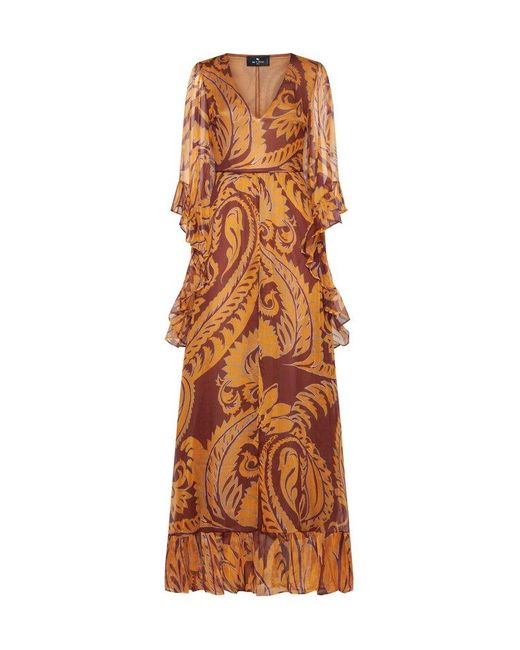 Etro Brown Allover Graphic Printed V-neck Maxi Dress