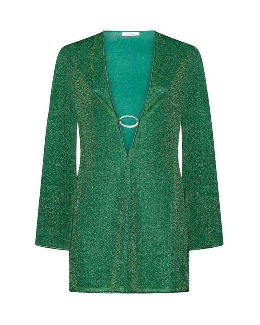 Oseree Green Long V-neck Cut Long Sleeve Mini Dress