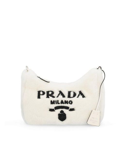 Prada Logo-embroidered Shoulder Bag in White | Lyst