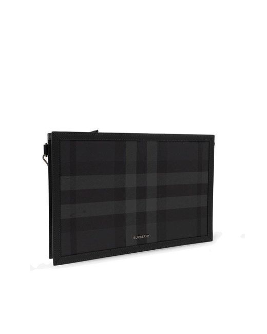 Burberry Black Frame Logo Plaque Checked Clutch Bag for men