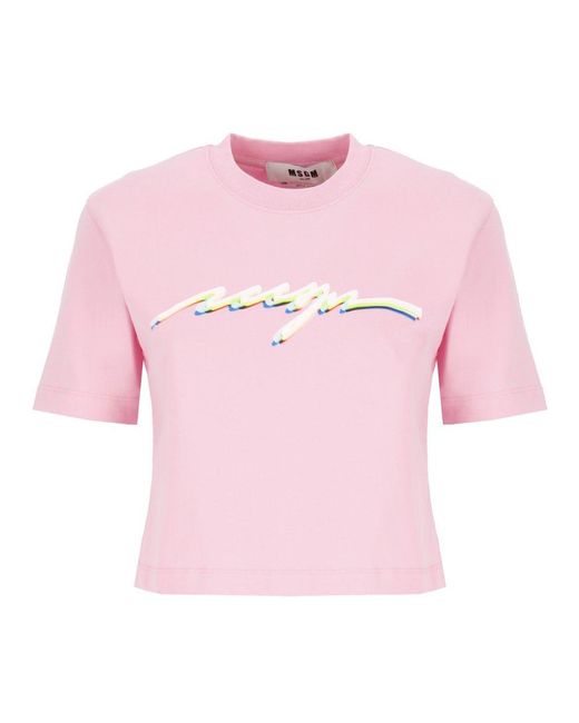MSGM Pink Logo-printed Crewneck T-shirt