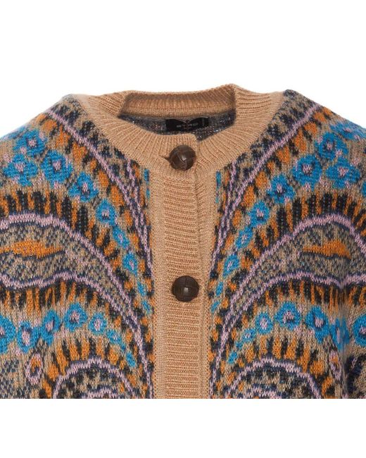 Etro Blue Paisley Intarsia-knit Crewneck Long-sleeved Cardi-coat