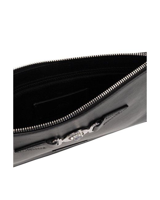 Versace Black Logo Plaque Zipped Clutch Bag for men