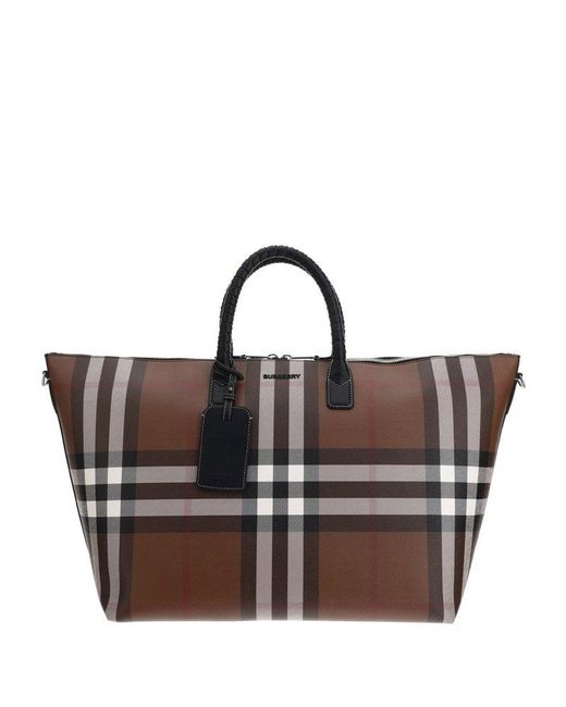 Burberry Brown Exaggerated Check Logo Plaque Tote Bag for men