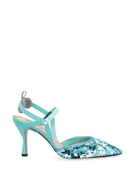 Fendi Blue Sequin-embellished High-heeled Slingback Pumps