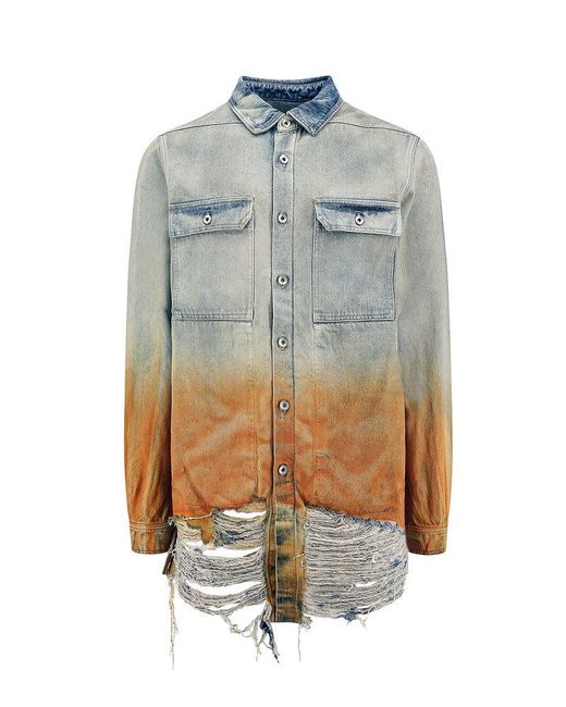 Rick Owens Blue Ripped Effect Denim Shirt for men