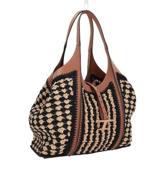Tod's Brown T Plaque Striped Woven Tote Bag
