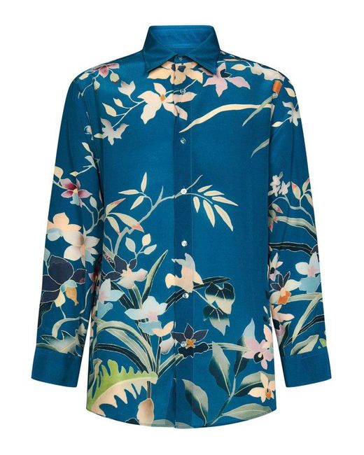 Etro Blue Floral Print Collared Button-up Shirt for men