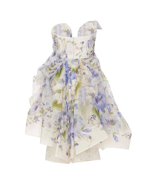 Zimmermann White Floral Printed Draped Strapless Mini Dress