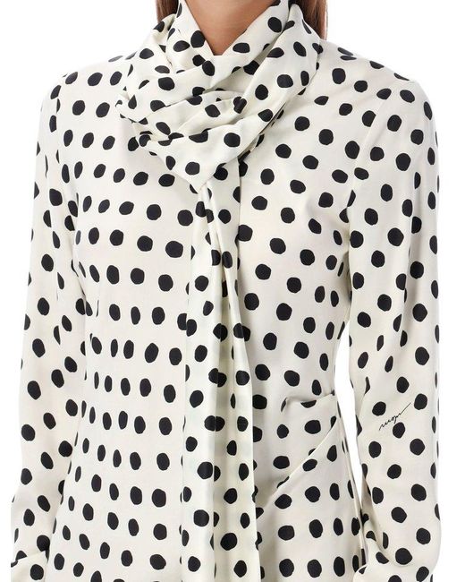 MSGM White Viscose Polka Dot Scarf-Neck Dress