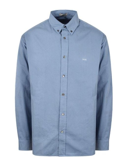 Dior Blue Logo Embroidered Long-sleeved Shirt for men