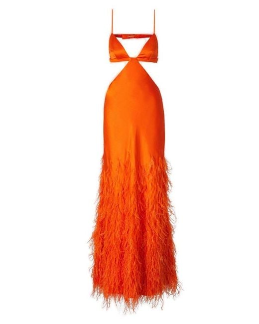 Cult Gaia Orange Silk And Feathers Dress