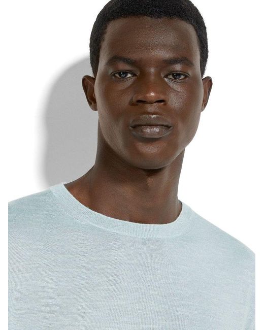 Zegna Blue Light Mélange Silk Cashmere And Linen Crewneck for men