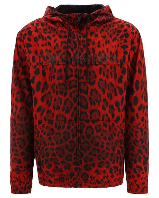 Dolce & Gabbana Red Leopard Printed Hooded Jacket for men