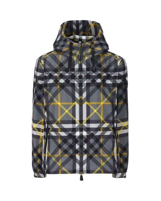Burberry Check Printed Drawstring Hooded Jacket in Gray for Men | Lyst