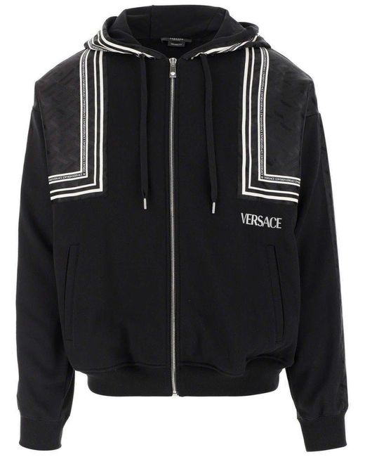 Versace Cotton Logo Printed Panelled Zipped Jacket in Black for Men ...