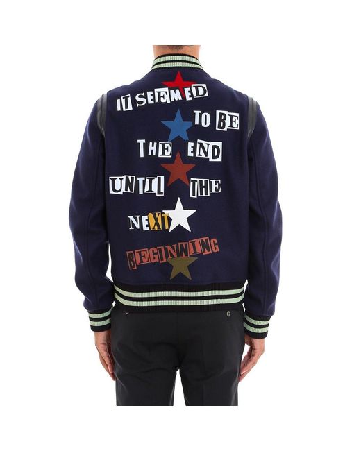 Valentino Blue Appliqué Slogan Bomber Jacket for men