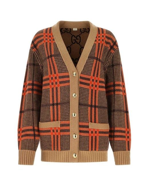 Gucci Brown Reversible Checked Knit Cardigan