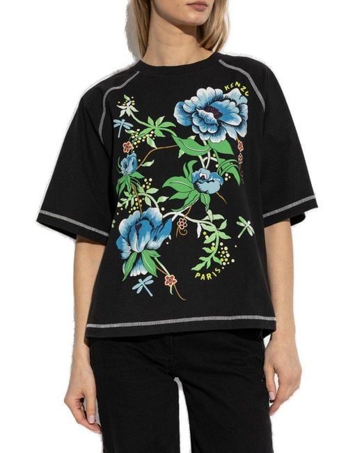KENZO Black T-Shirt With Floral Motif