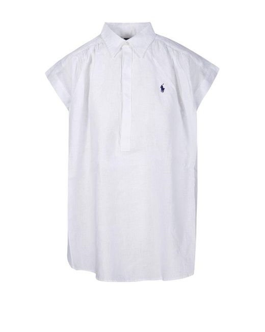 Polo Ralph Lauren Polo Pony Embroidered Curved Hem Blouse in White | Lyst