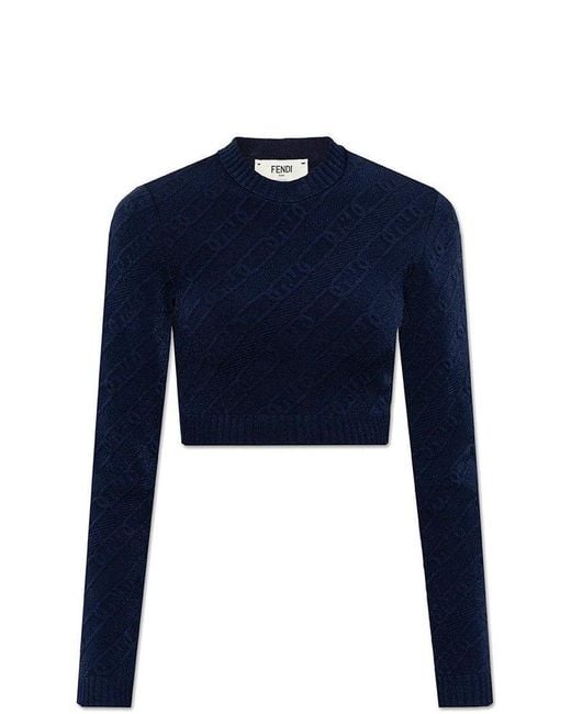 Fendi Navy Blue Cropped Sweater With Logo