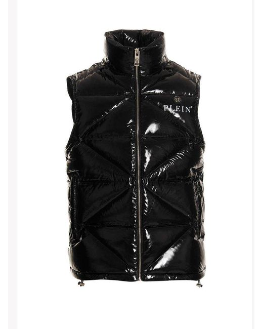 Philipp Plein Black Logo Printed Hooded Quilted Gilet for men