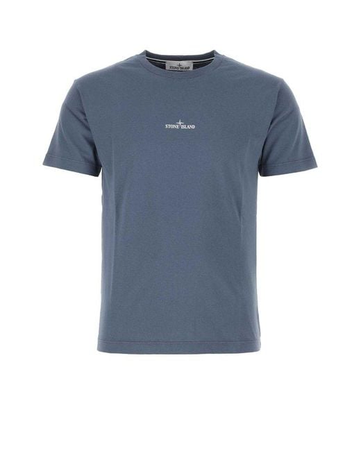 Stone Island Blue Logo Printed Crewneck T-shirt for men