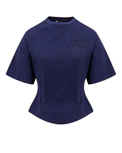 Etro Blue Pegaso-motif Crewneck Cropped T-shirt