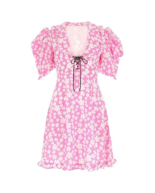 Miu Miu Pink Tied Fastened Marocain Floral Printed Dress