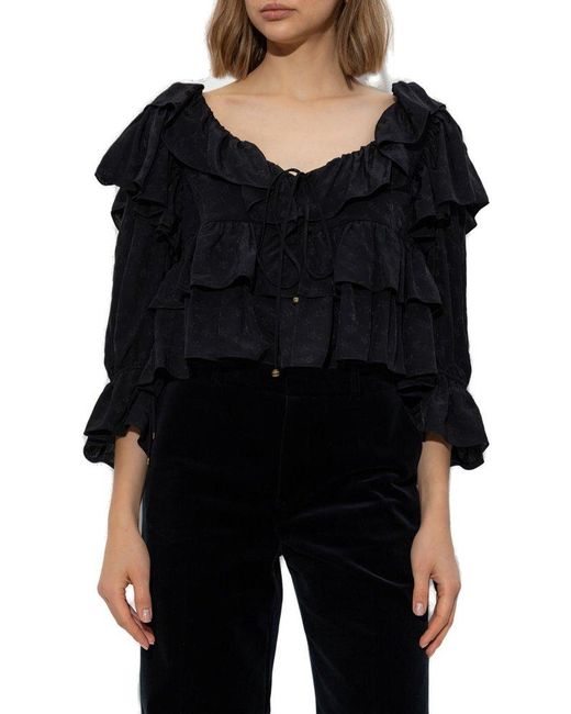 Chloé Black Floral Pattern Top With Ruffles