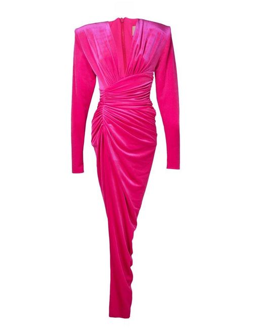 Alexandre Vauthier Pink Ruched Long Sleeved Velvet Maxi Dress