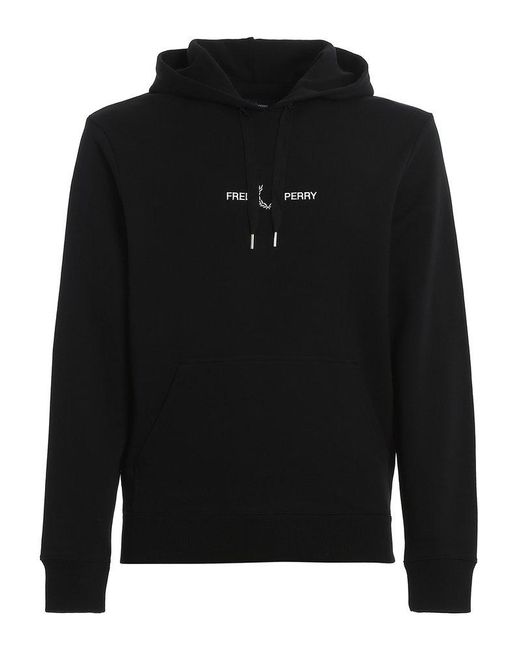Fred Perry Black Logo-embroidered Drawstring Hoodie for men