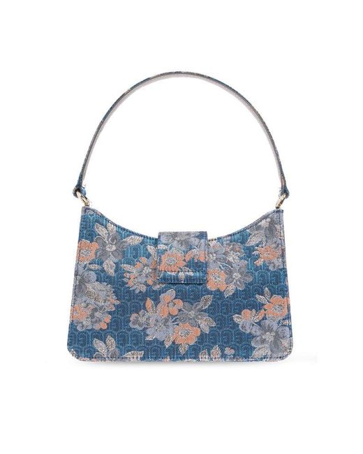 Furla Blue Floral Patterned Logo Engraved Tote Bag