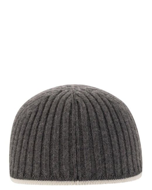 Brunello Cucinelli Gray Ribbed Virgin Wool, Cashmere And Silk Knit Baseball Cap With Jewel