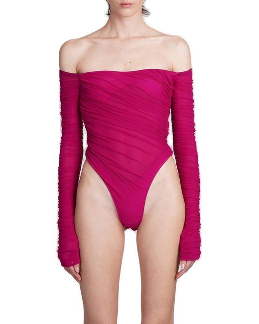 Mugler Pink Off-shoulder Long Sleeved Ruched Mesh Bodysuit