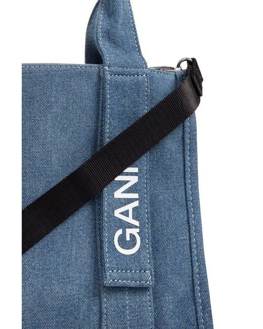Ganni Blue Tech Logo Printed Denim Tote Bag