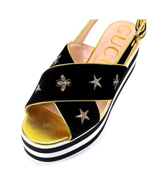 Gucci Black Bee Embroidered Criss Cross Platform Sandals