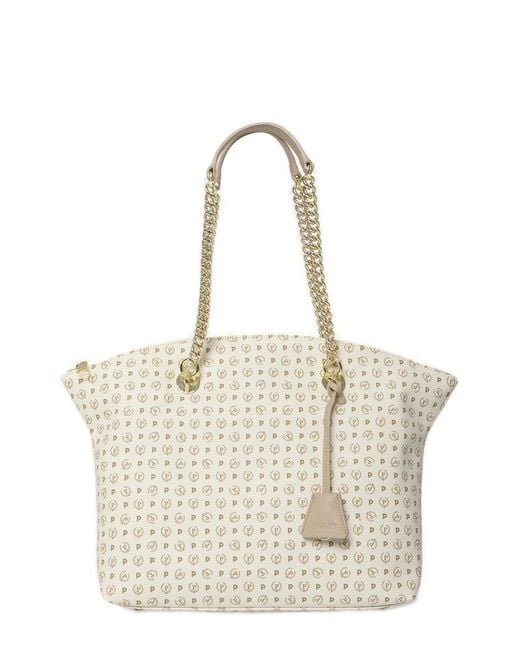 Pollini Natural Monogram Printed Zipped Tote Bag