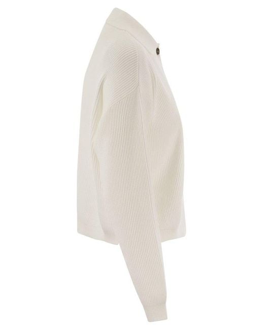 Brunello Cucinelli White Long Sleeved Ribbed-knit Polo Jumper