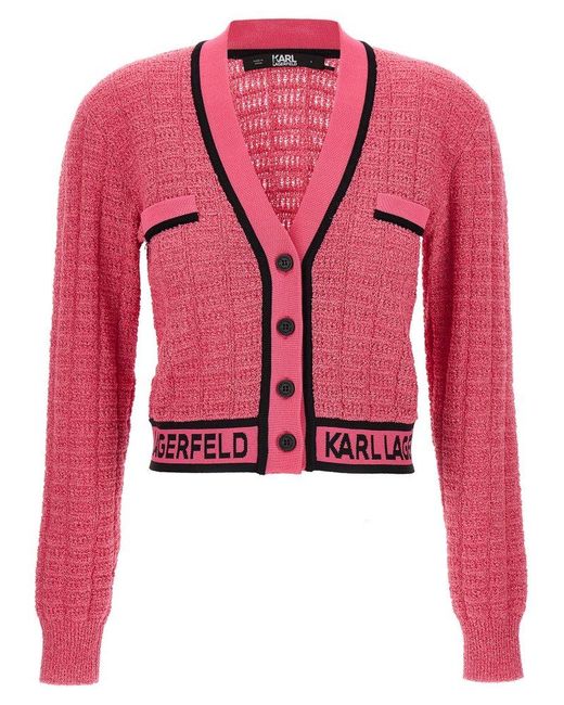 Karl Lagerfeld Red Logo Tape Cardigan Sweater, Cardigans Pink