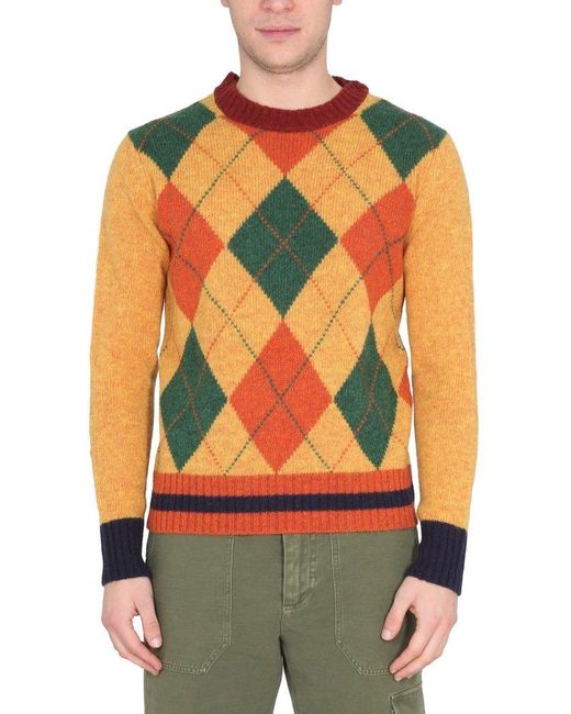 Ballantyne Orange Argyle Choker Sweater for men