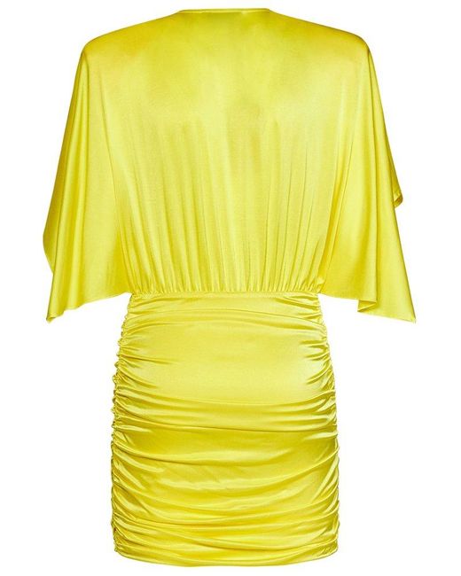 Alexandre Vauthier Yellow Ruched V-neck Satin Mini Dress