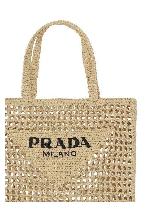 Prada Natural Logo Printed Woven Tote Bag