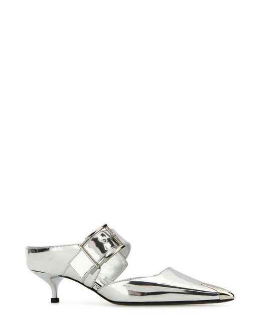 Alexander McQueen White Pointed-toe Buckle-detailed Mules
