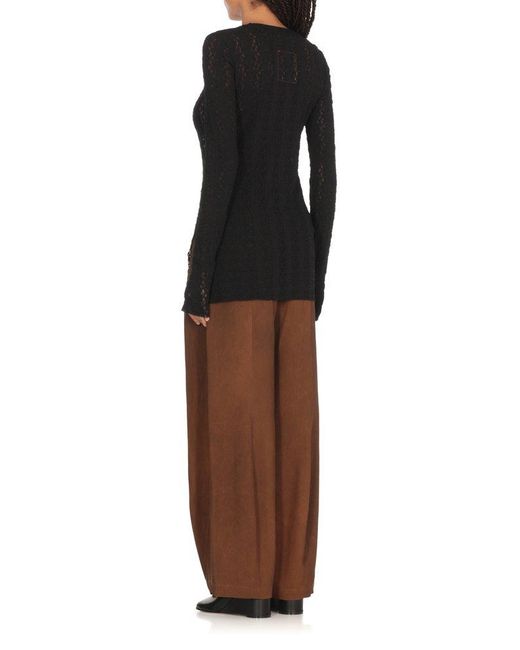 Uma Wang Black Side-Slit Open-Knit Crewneck Top