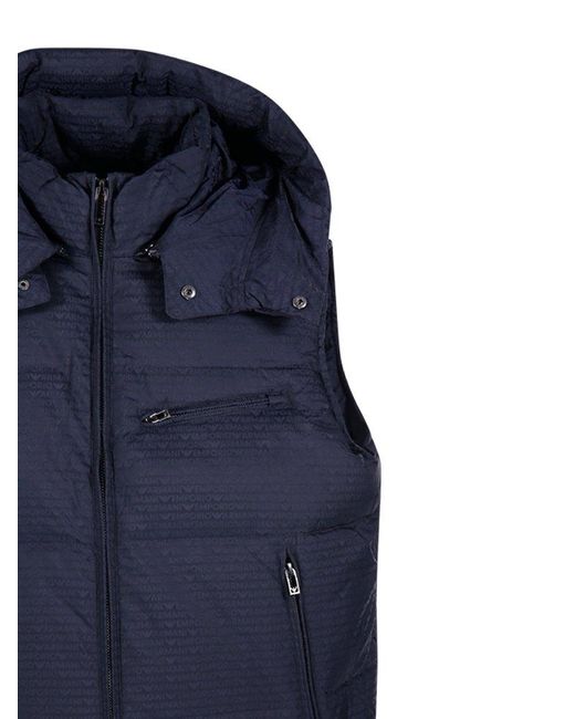 Emporio Armani Blue All-over Logo Jacquard Down Vest for men